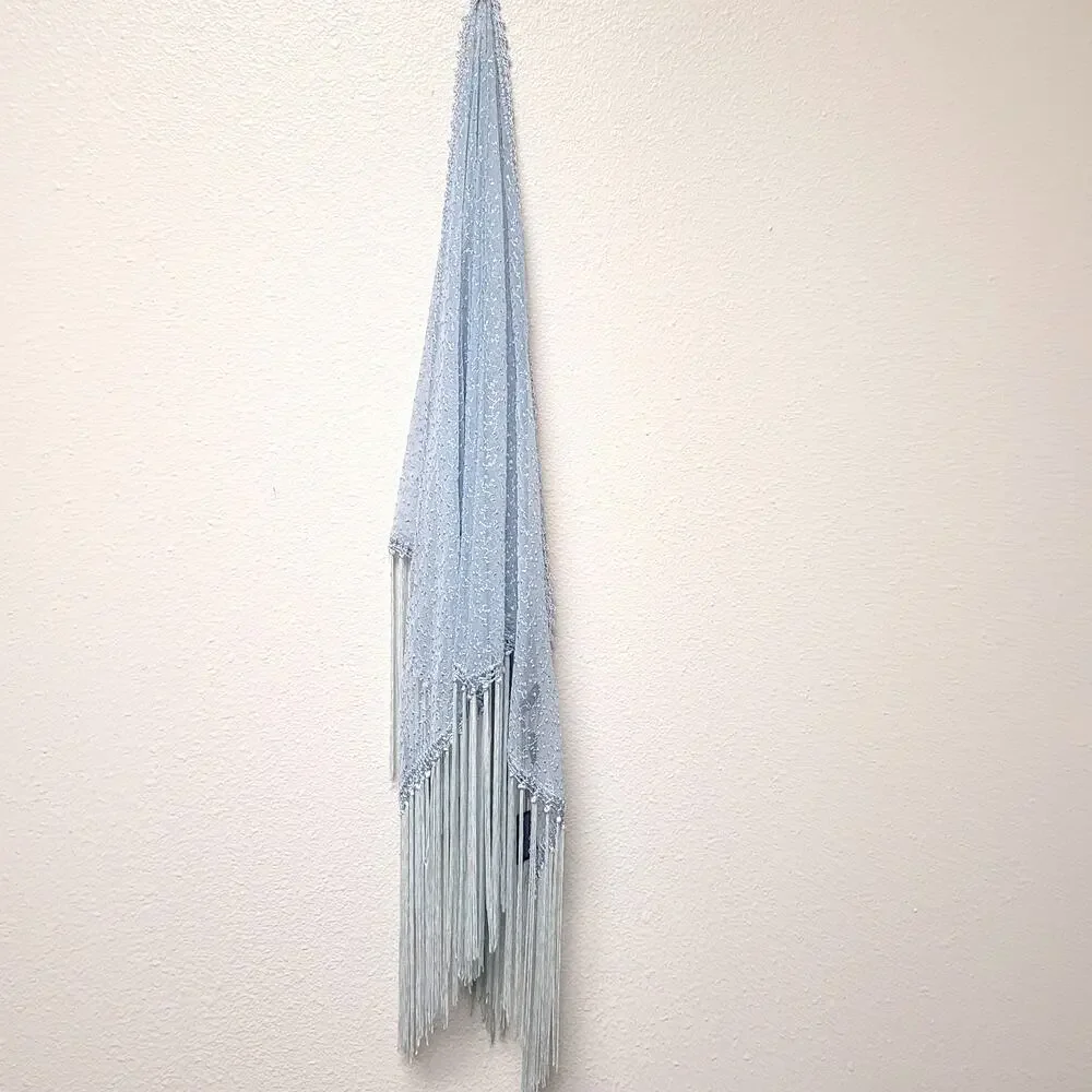 Light Blue Fringe Triangle Shawl NWT Crochet Knit Wrap Scarf Boho Coastal